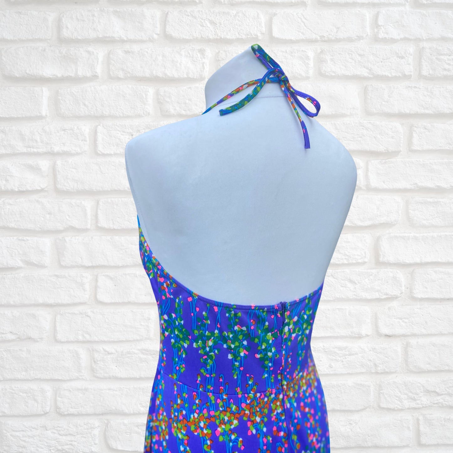 70s rainbow abstract print halter neck dress. Approx U.K. size 10-12