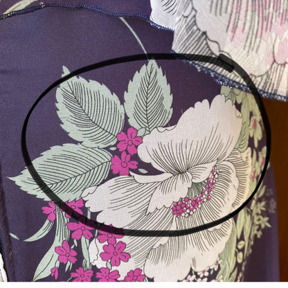 70s purple floral maxi dress with short angel sleeves. Approx UK size 12-14