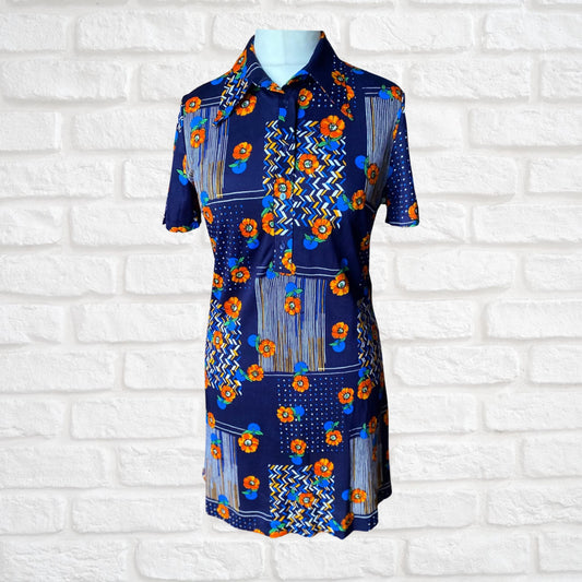 70s blue and orange floral mini dress .Approx UK size 12