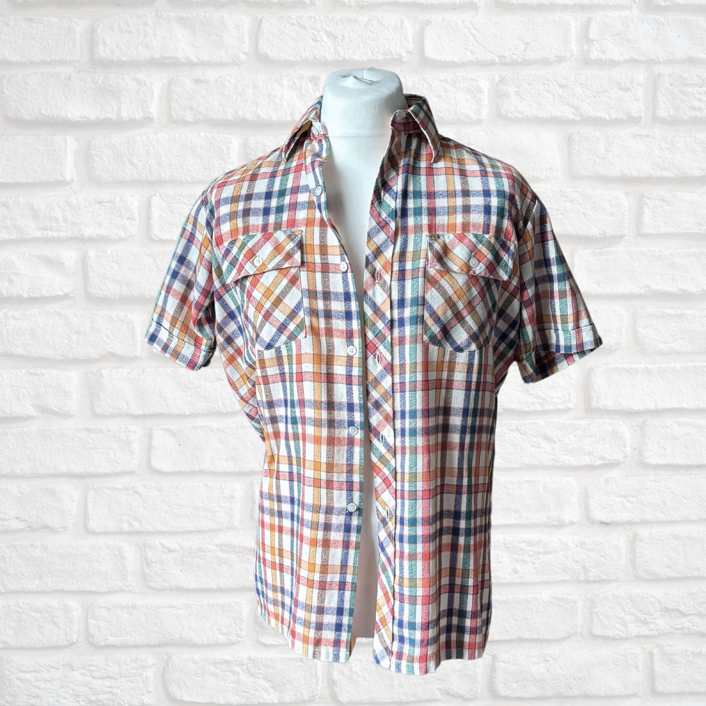 White, Red, Green, Blue and Orange Checked Vintage Short Sleeved Shirt Approx UK size L (men) 16-18 (women )