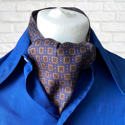 Mod style purple, gold, red and black tile print vintage cravat by British brand Duggie