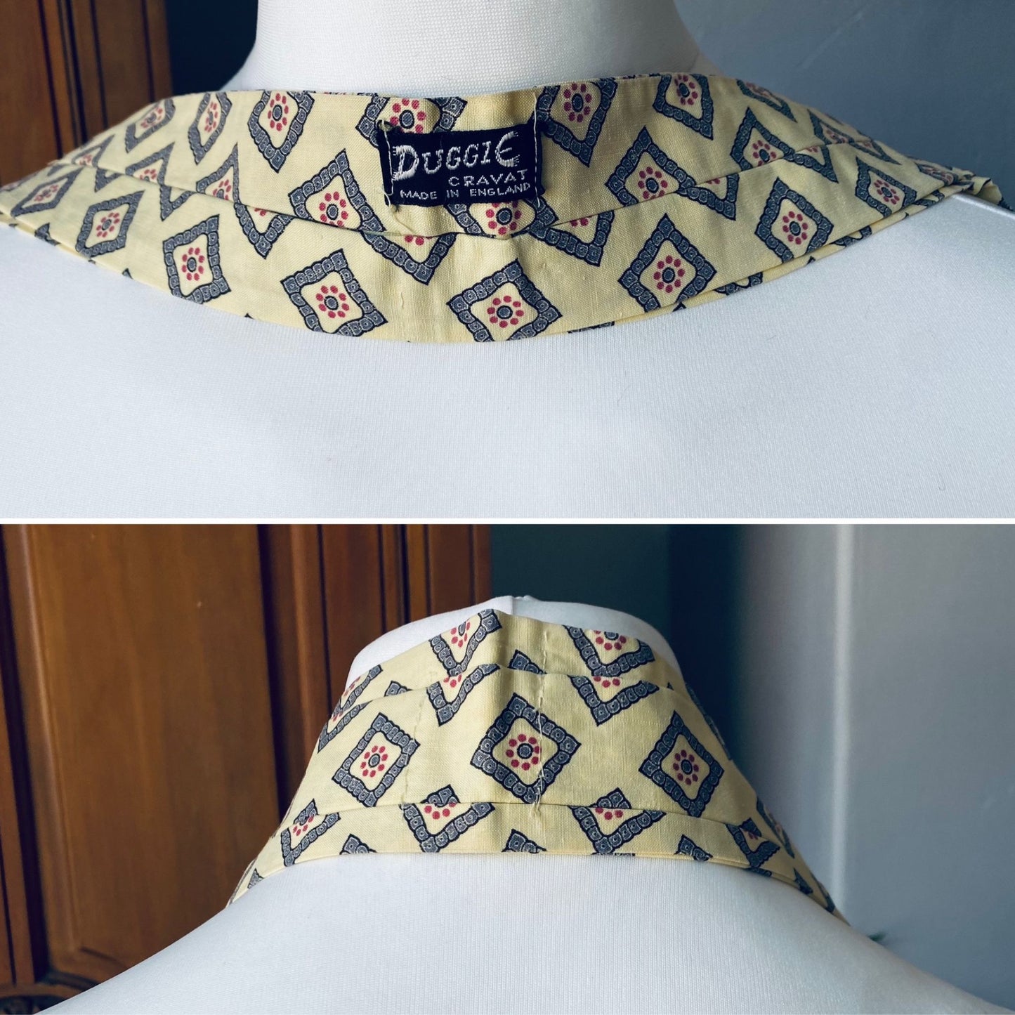 Mod style pale yellow, grey blue and red print vintage cravat by British brand Duggie