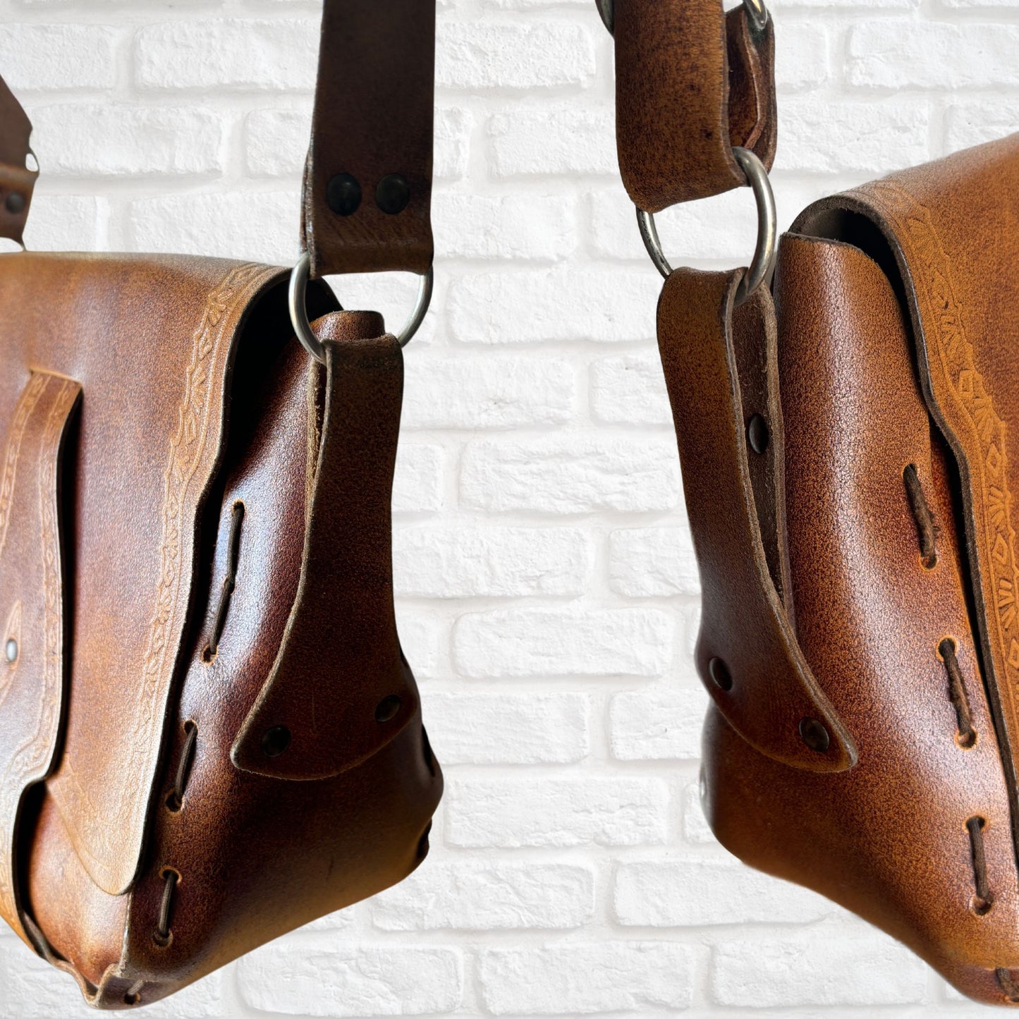 Vintage 70s Brown Tooled Leather Shoulder Bag with Front Flap and Hidden Metal Clasp