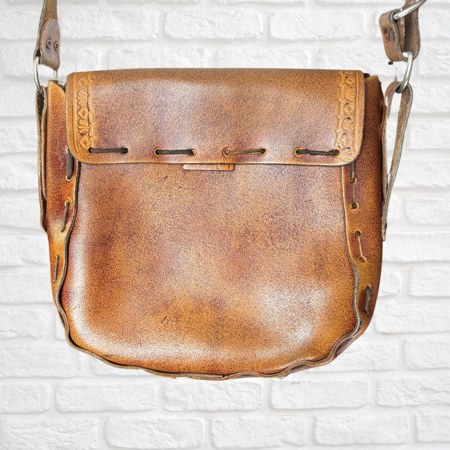 Vintage 70s Brown Tooled Leather Shoulder Bag with Front Flap and Hidden Metal Clasp