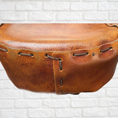 Vintage 70s Brown Tooled Leather Shoulder Bag with Front Flap and Hidden Metal Clasp
