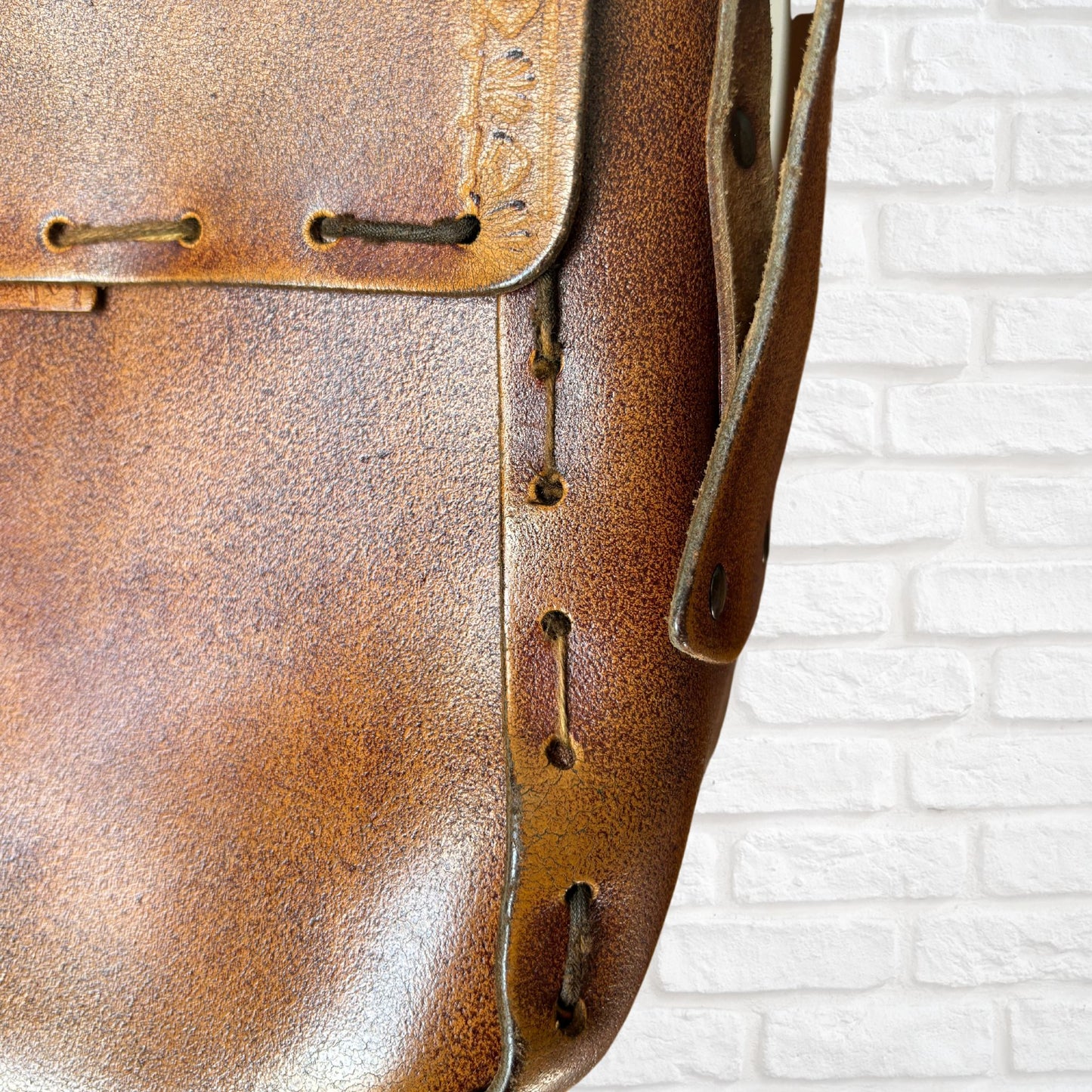 Vintage 70s Brown Tooled Leather Shoulder Bag with Front Flap and Hidden Metal Clasp