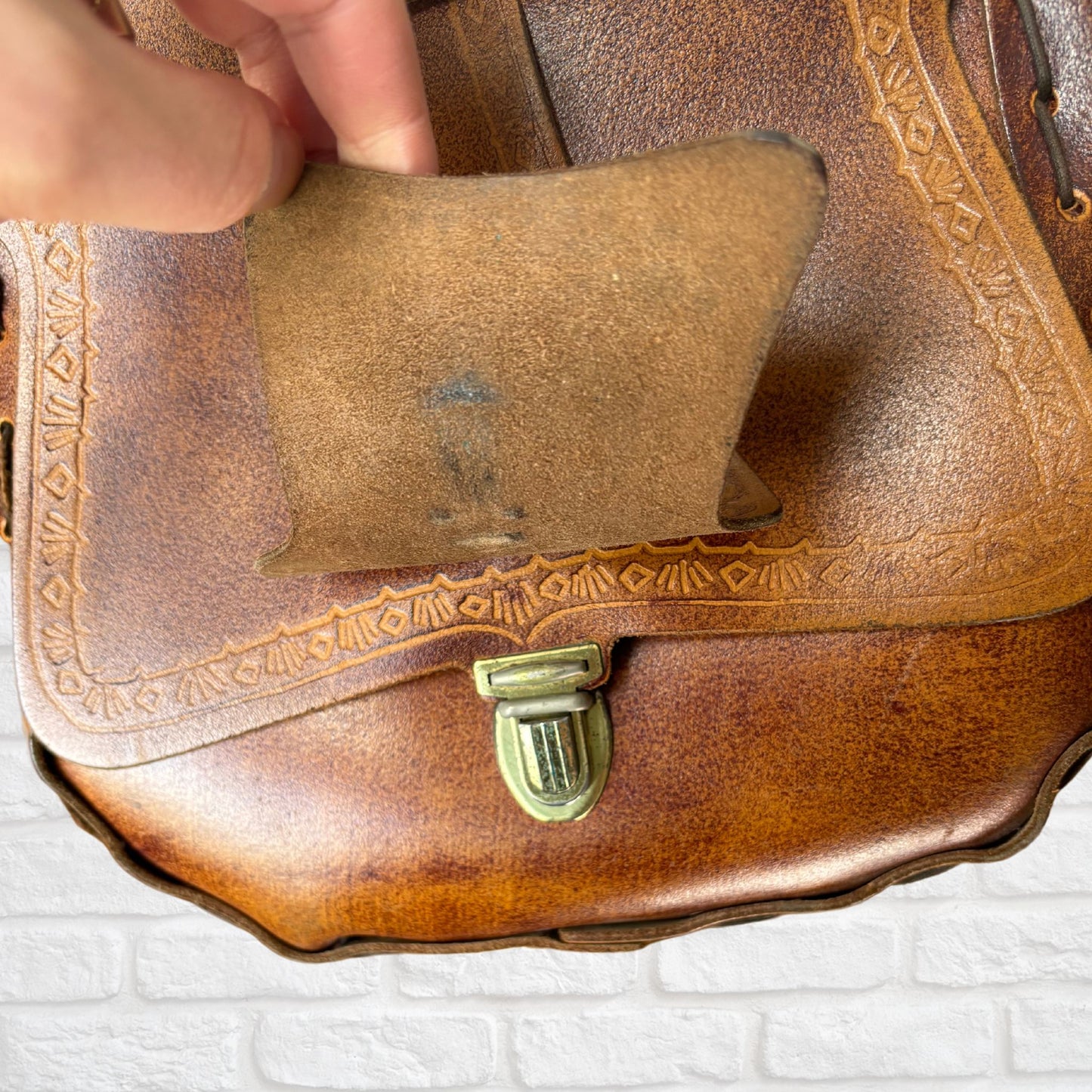 Vintage 70s Brown Tooled Leather Shoulder Bag with Front Flap and Hidden Metal Clasp