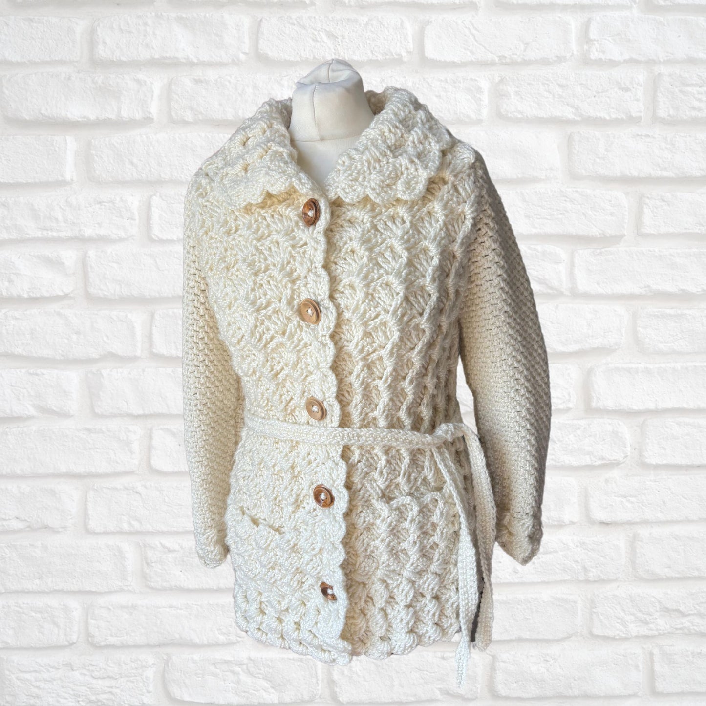 Hand-Crocheted Vintage 70s Style Cream Cardigan with Wooden Buttons. Approx UK size 8- 12