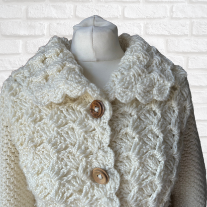 Hand-Crocheted Vintage 70s Style Cream Cardigan with Wooden Buttons. Approx UK size 8- 12