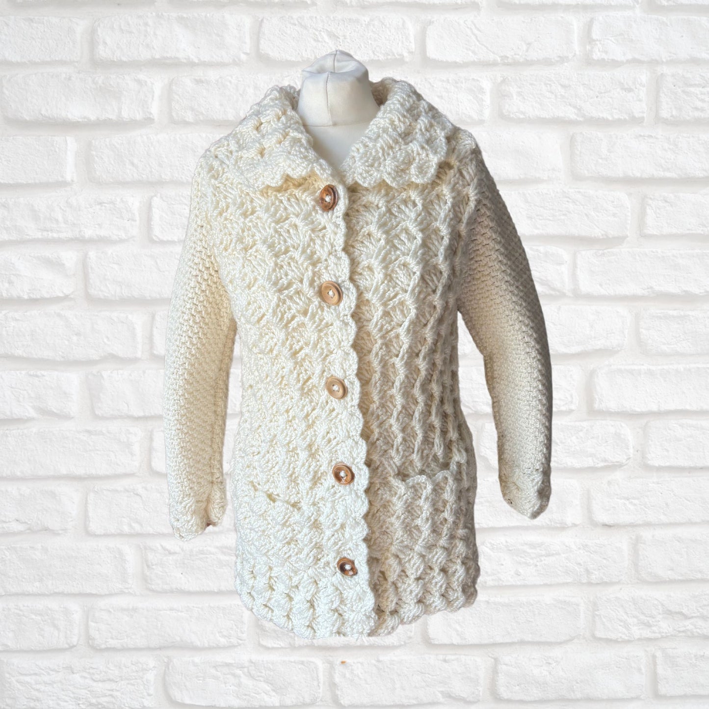 Hand-Crocheted Vintage 70s Style Cream Cardigan with Wooden Buttons. Approx UK size 8- 12