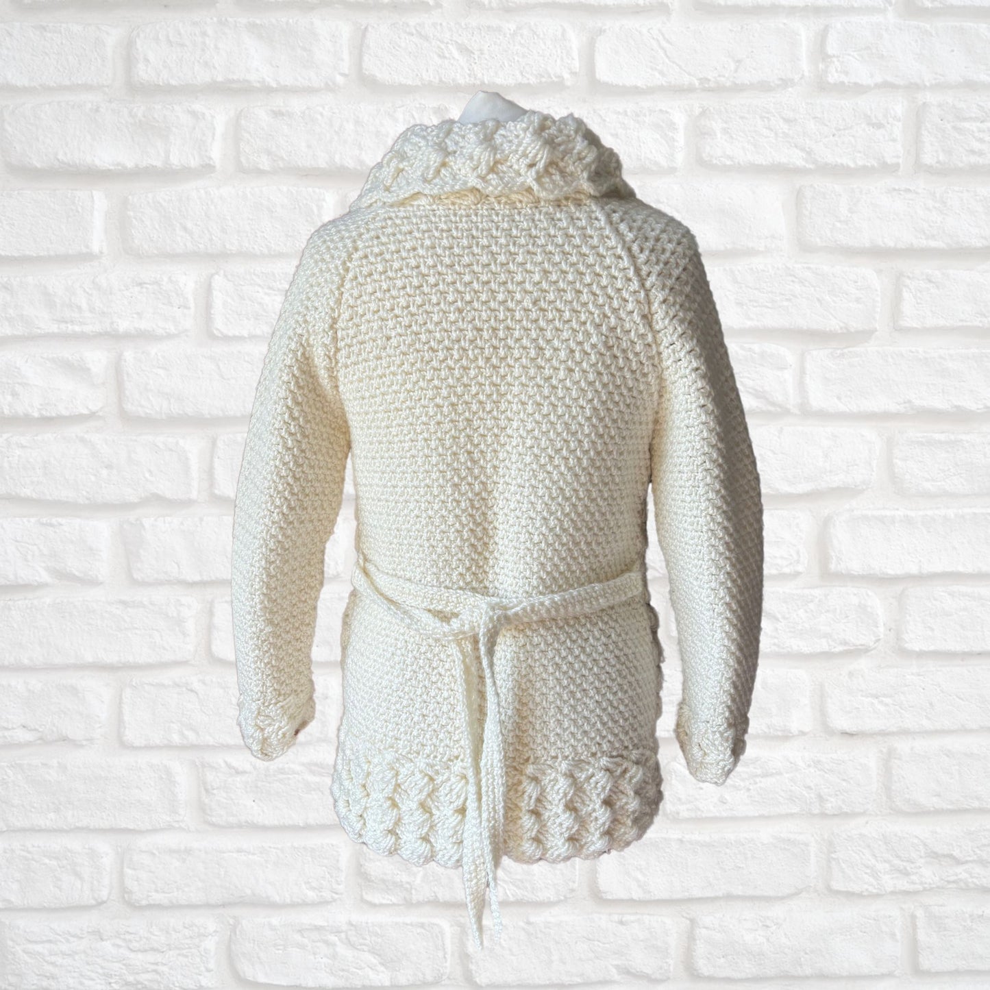 Hand-Crocheted Vintage 70s Style Cream Cardigan with Wooden Buttons. Approx UK size 8- 12