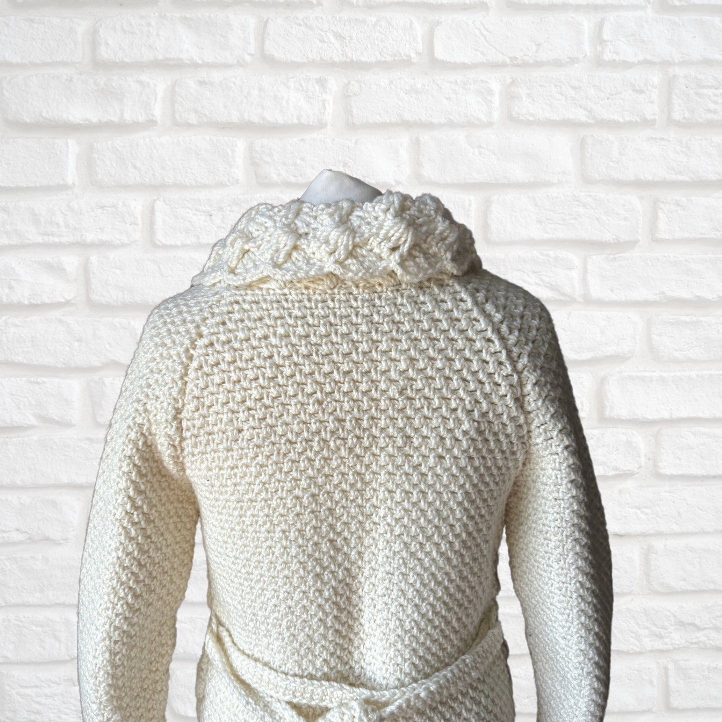 Hand-Crocheted Vintage 70s Style Cream Cardigan with Wooden Buttons. Approx UK size 8- 12