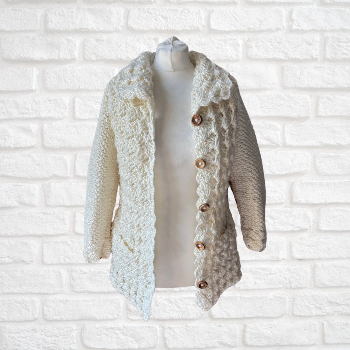 Hand-Crocheted Vintage 70s Style Cream Cardigan with Wooden Buttons. Approx UK size 8- 12