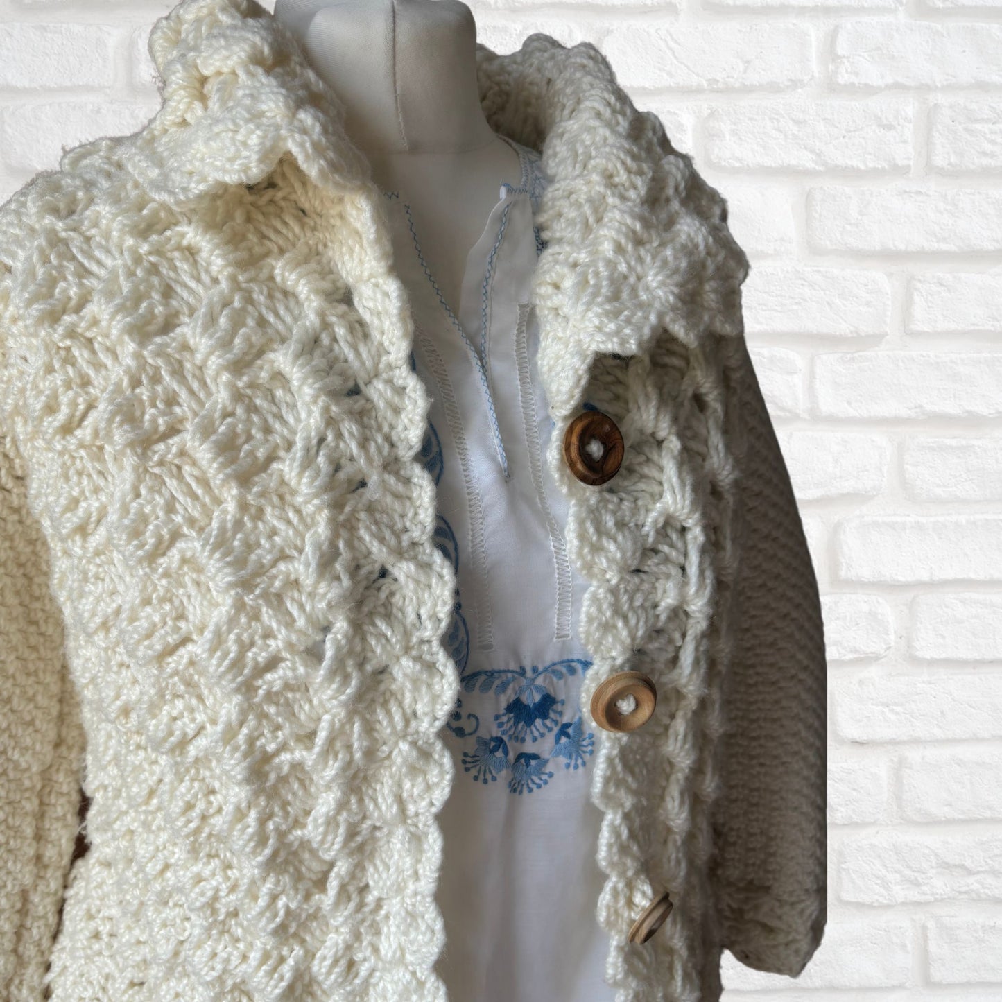 Hand-Crocheted Vintage 70s Style Cream Cardigan with Wooden Buttons. Approx UK size 8- 12