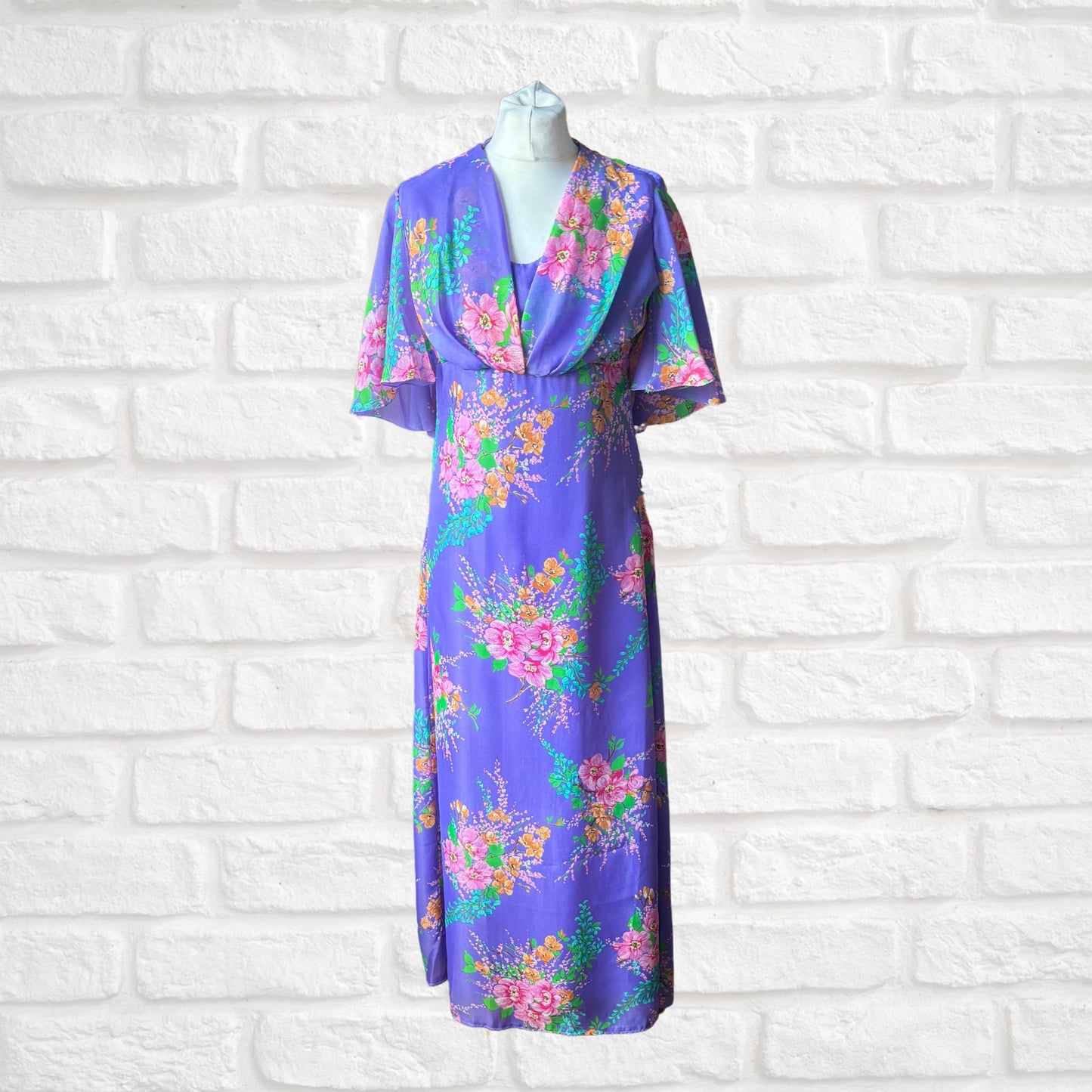 70s mauve, pink , yellow and green floaty floral maxi dress. Approx U.K. size 8-10