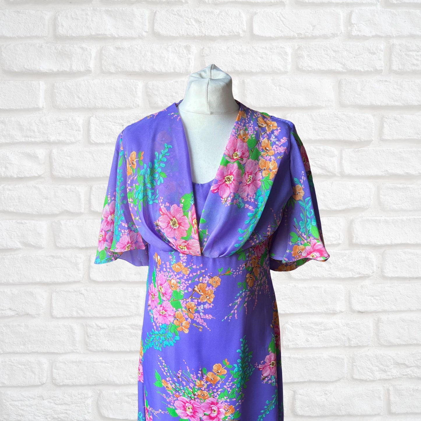 70s mauve, pink , yellow and green floaty floral maxi dress. Approx U.K. size 8-10