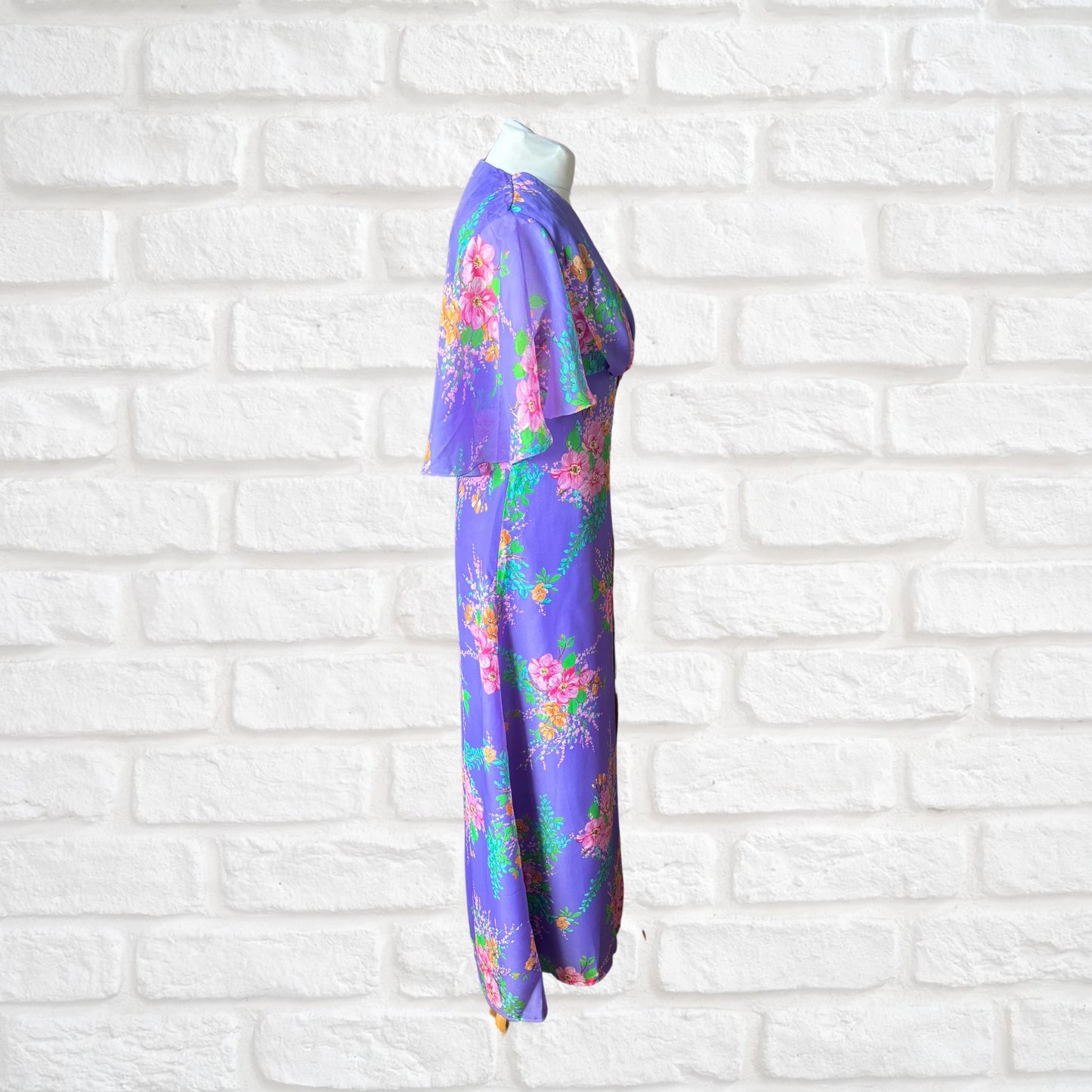 70s mauve, pink , yellow and green floaty floral maxi dress. Approx U.K. size 8-10