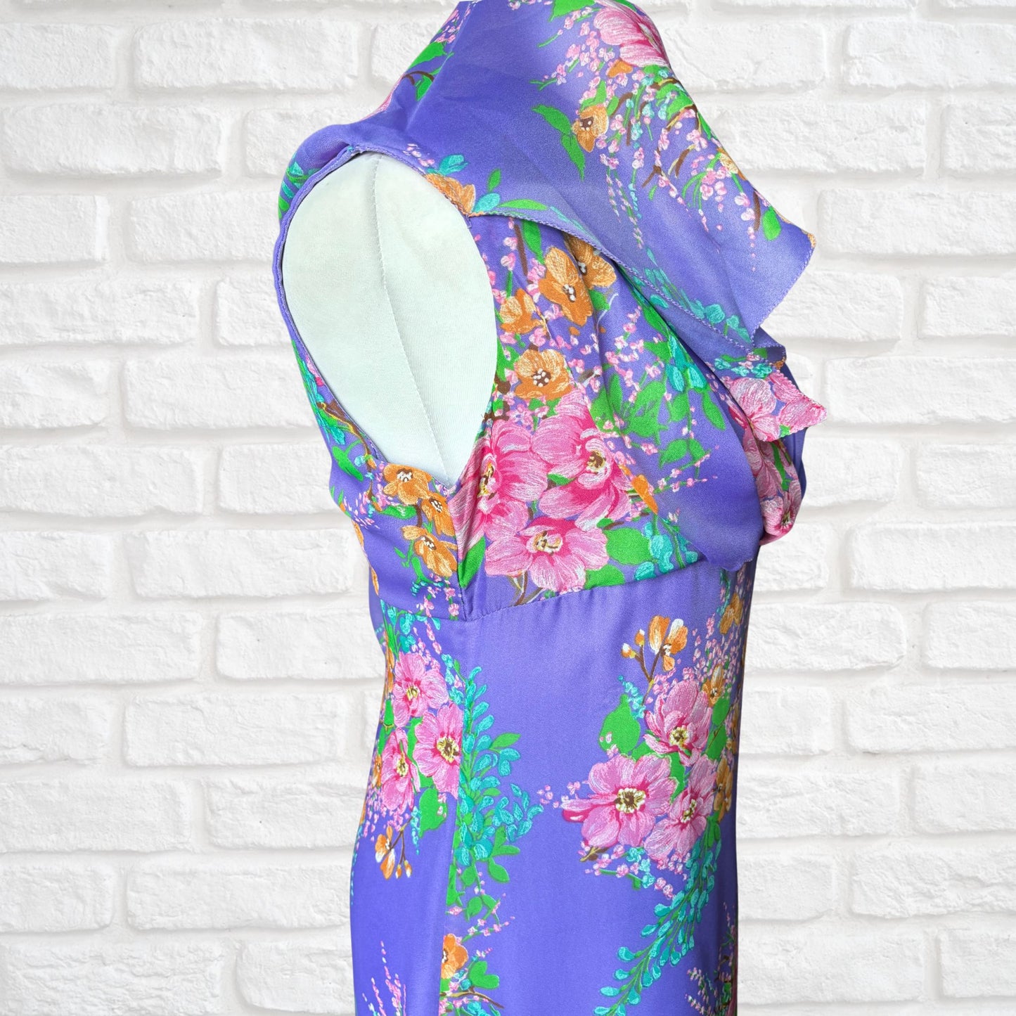 70s mauve, pink , yellow and green floaty floral maxi dress. Approx U.K. size 8-10