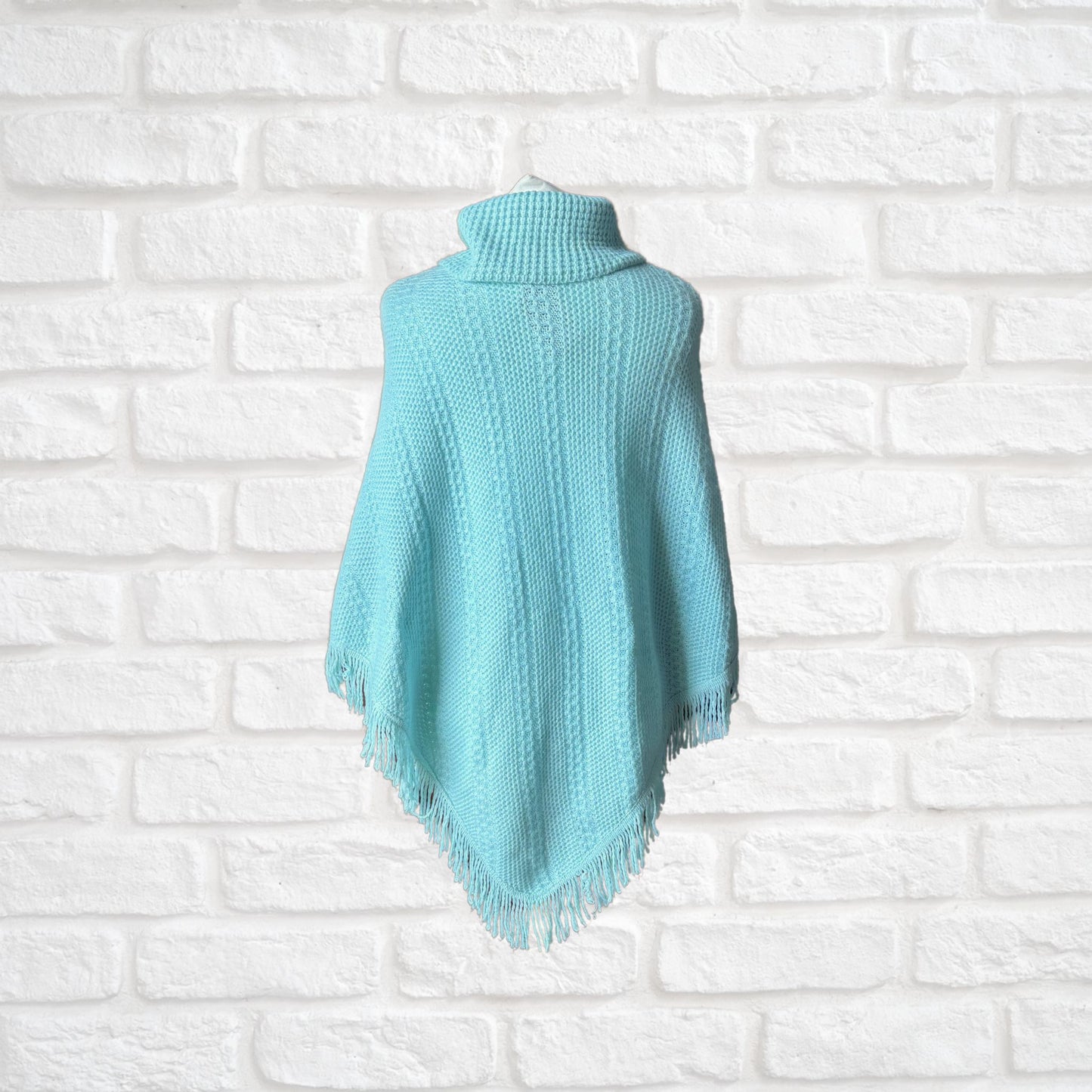 Vintage 70s Boho style Knitted Turquoise Vintage Poncho. Approx UK size 8-10