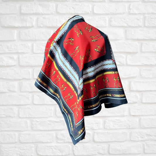 Stylish Black, Red, Yellow, White and Gold Equestrian Style Square Vintage Scarf. Great Gift idea