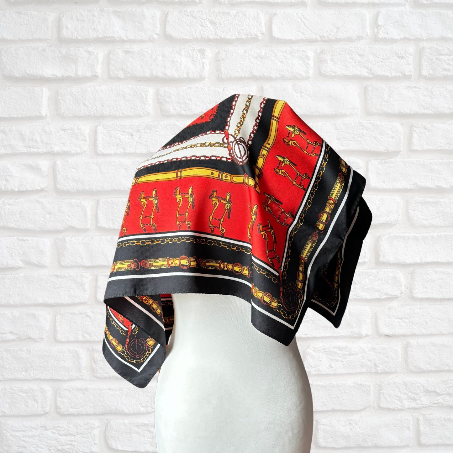 Stylish Black, Red, Yellow, White and Gold Equestrian Style Square Vintage Scarf. Great Gift idea