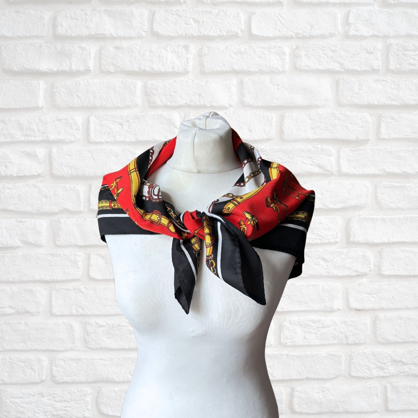 Stylish Black, Red, Yellow, White and Gold Equestrian Style Square Vintage Scarf. Great Gift idea