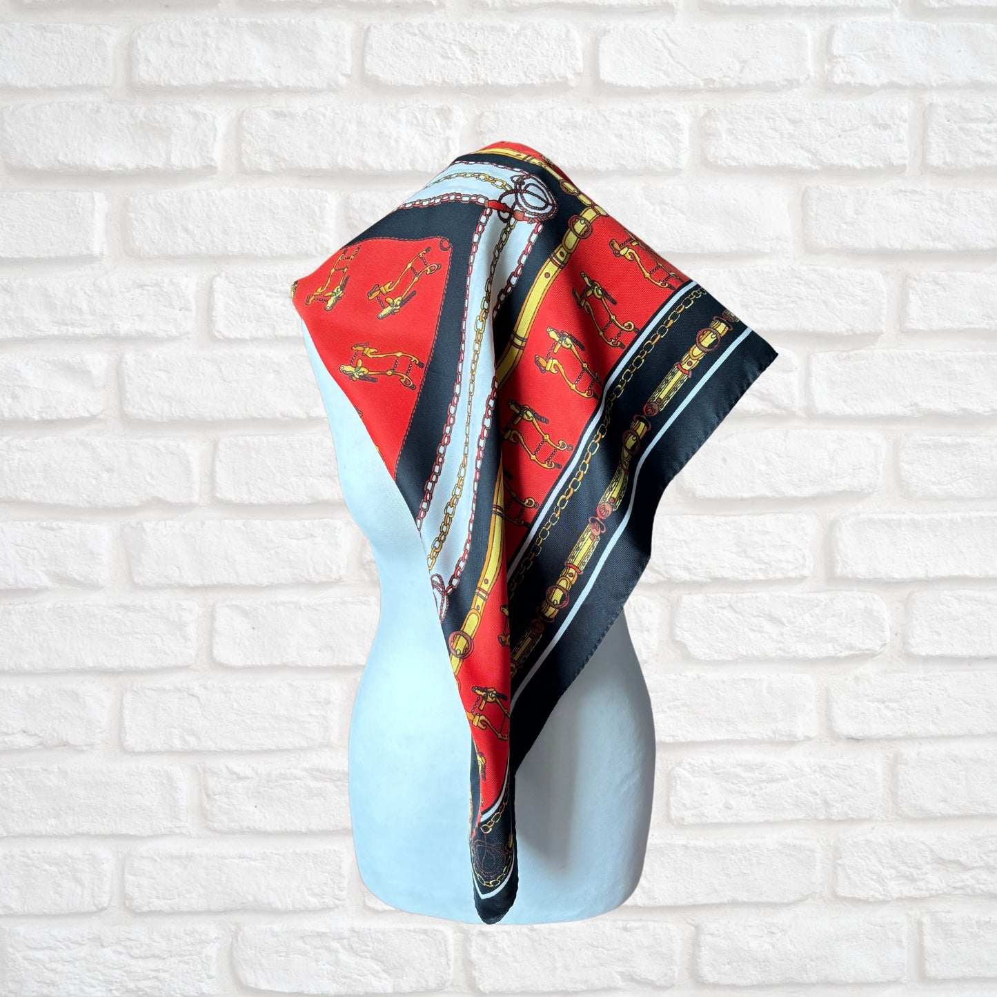 Stylish Black, Red, Yellow, White and Gold Equestrian Style Square Vintage Scarf. Great Gift idea