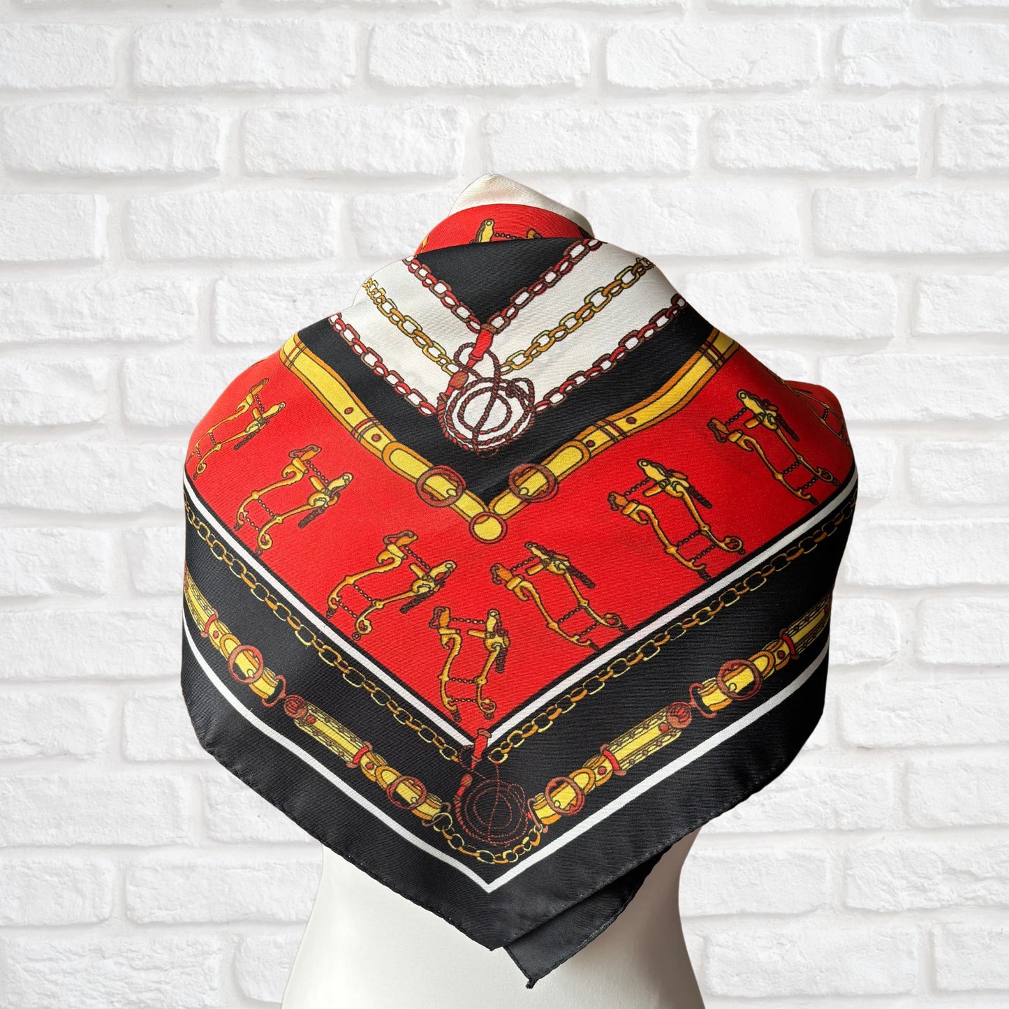 Stylish Black, Red, Yellow, White and Gold Equestrian Style Square Vintage Scarf. Great Gift idea