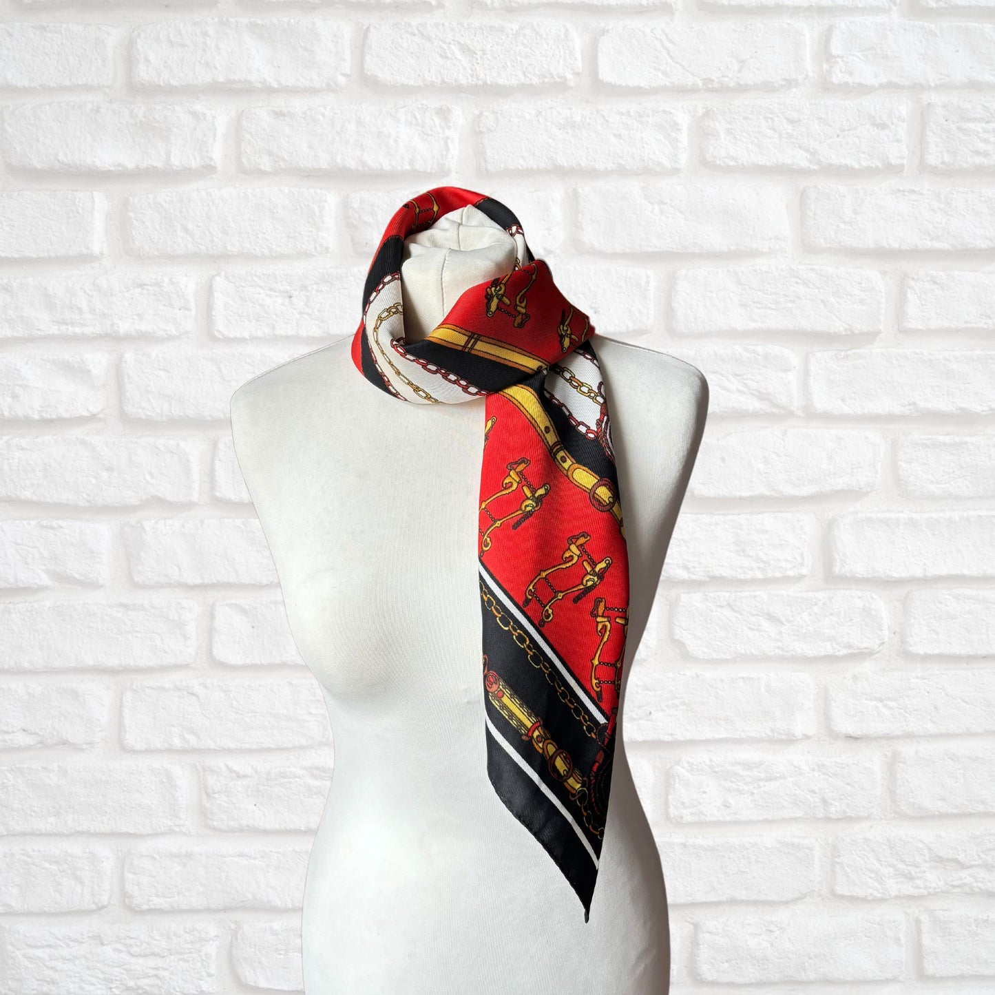 Stylish Black, Red, Yellow, White and Gold Equestrian Style Square Vintage Scarf. Great Gift idea