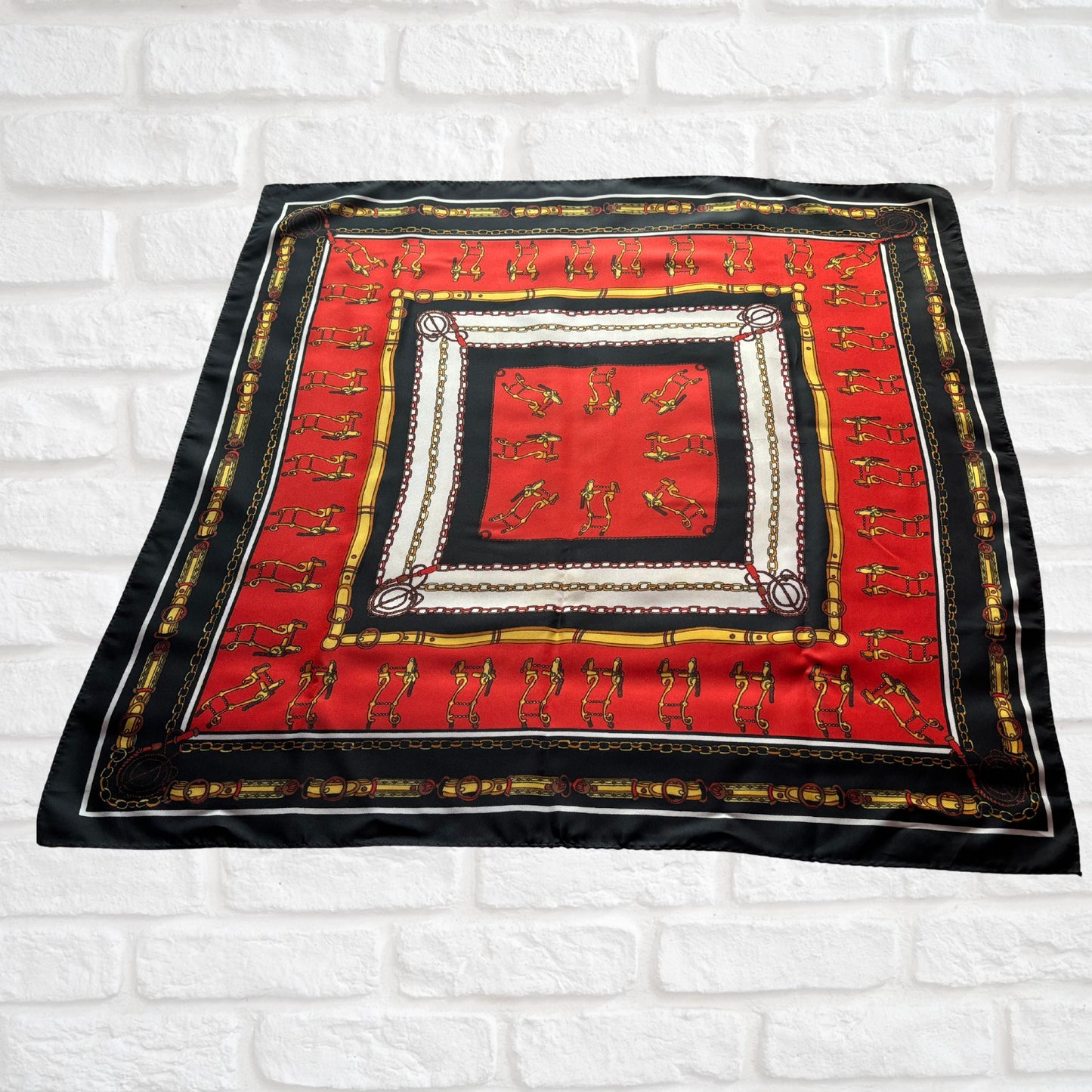 Stylish Black, Red, Yellow, White and Gold Equestrian Style Square Vintage Scarf. Great Gift idea