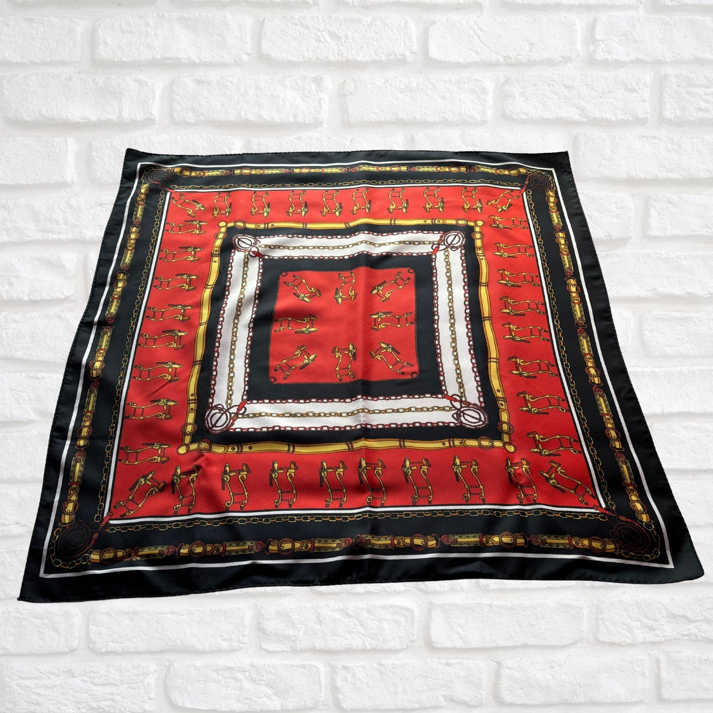 Stylish Black, Red, Yellow, White and Gold Equestrian Style Square Vintage Scarf. Great Gift idea