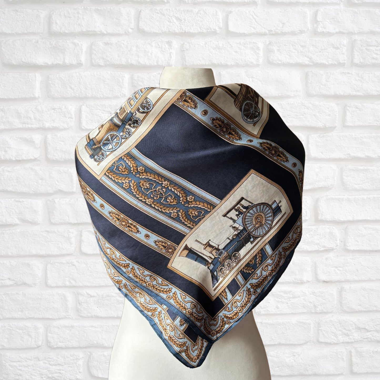 Unique Silk Vintage Scarf with a Steam Train design in Blue, Cream and Brown. Great Gift idea