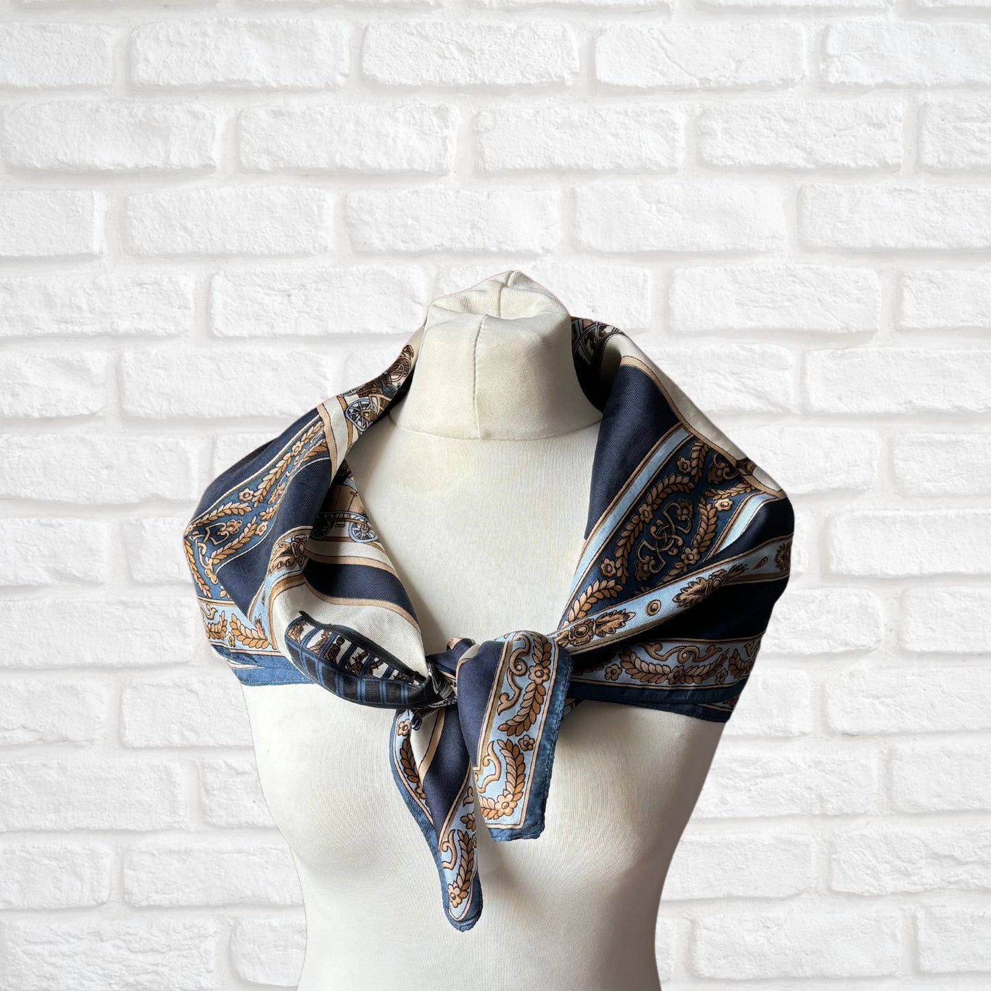 Unique Silk Vintage Scarf with a Steam Train design in Blue, Cream and Brown. Great Gift idea