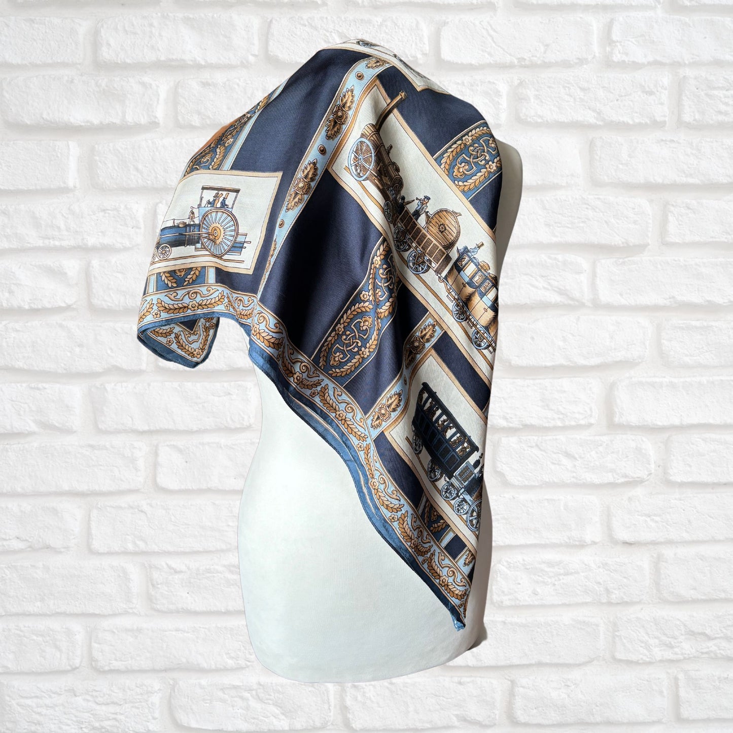 Unique Silk Vintage Scarf with a Steam Train design in Blue, Cream and Brown. Great Gift idea