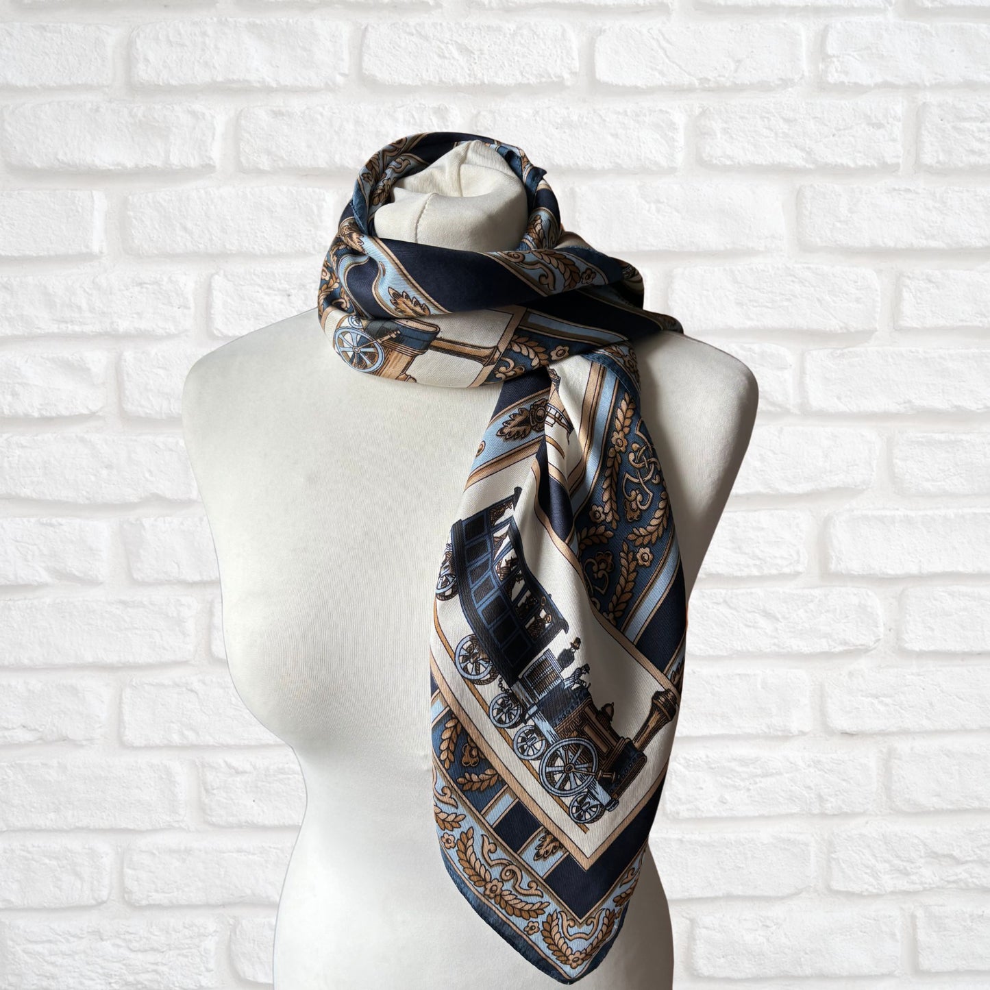 Unique Silk Vintage Scarf with a Steam Train design in Blue, Cream and Brown. Great Gift idea