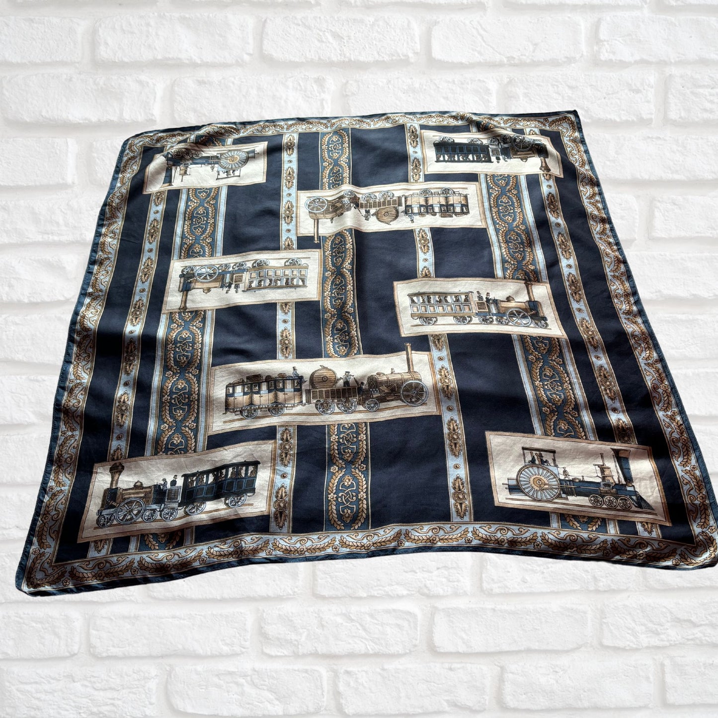 Unique Silk Vintage Scarf with a Steam Train design in Blue, Cream and Brown. Great Gift idea