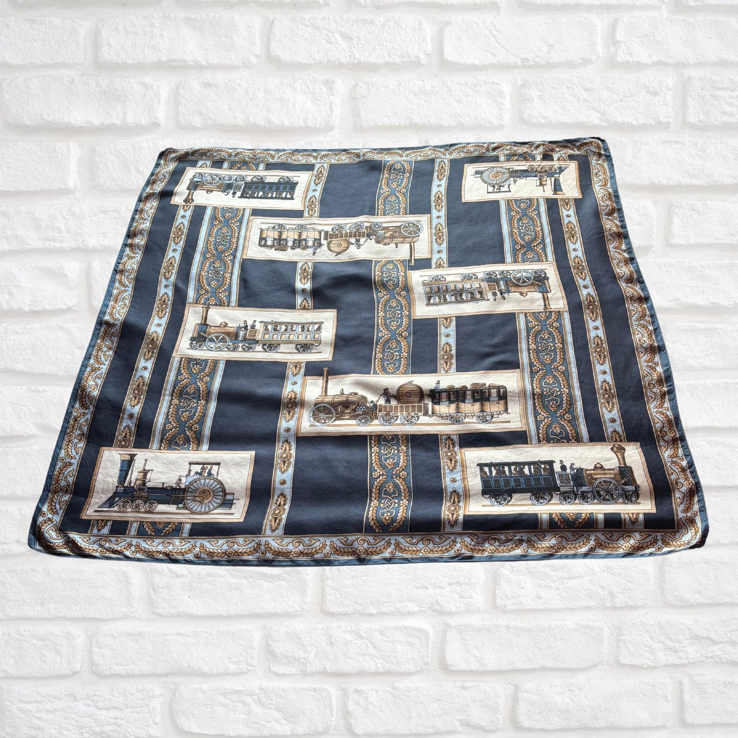 Unique Silk Vintage Scarf with a Steam Train design in Blue, Cream and Brown. Great Gift idea