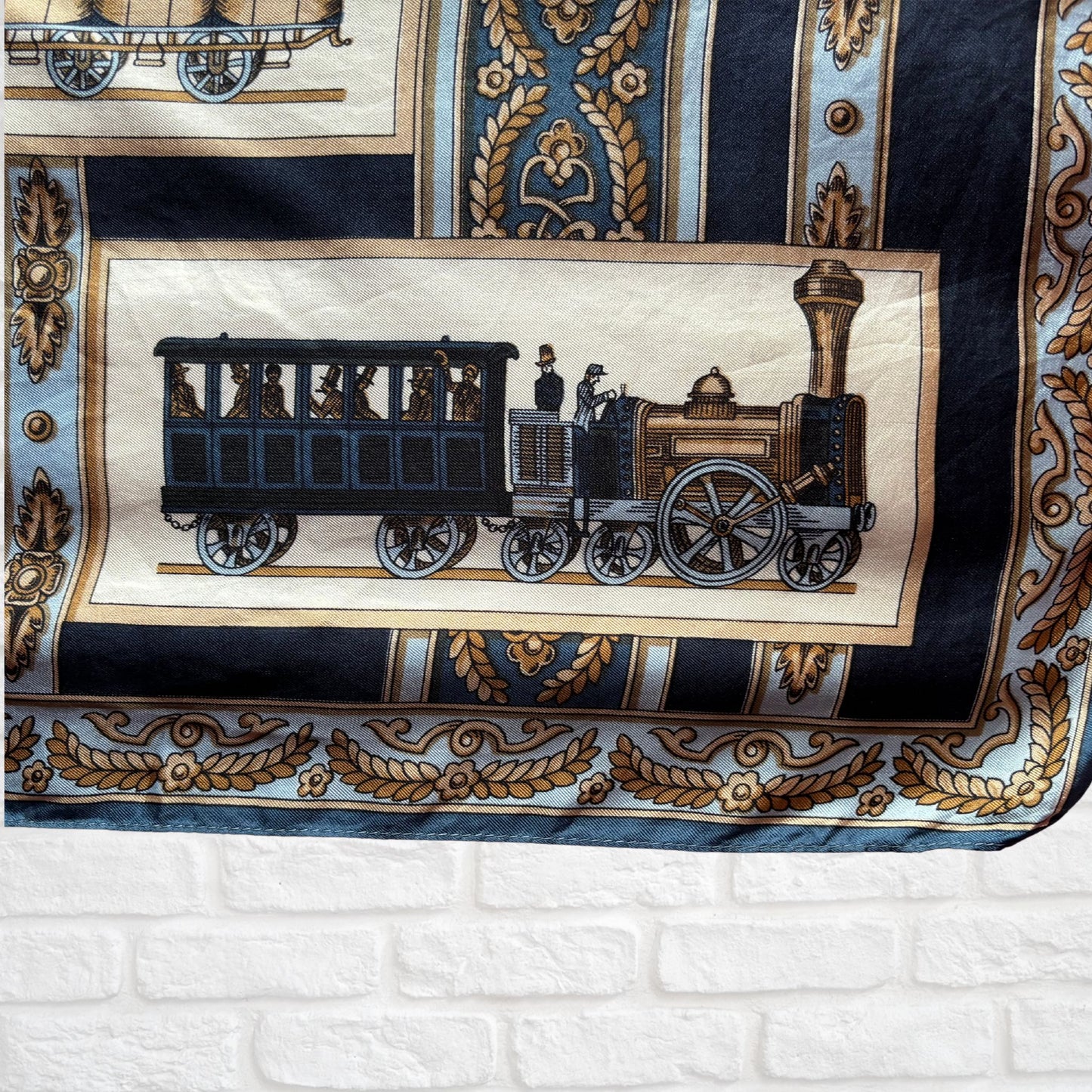 Unique Silk Vintage Scarf with a Steam Train design in Blue, Cream and Brown. Great Gift idea