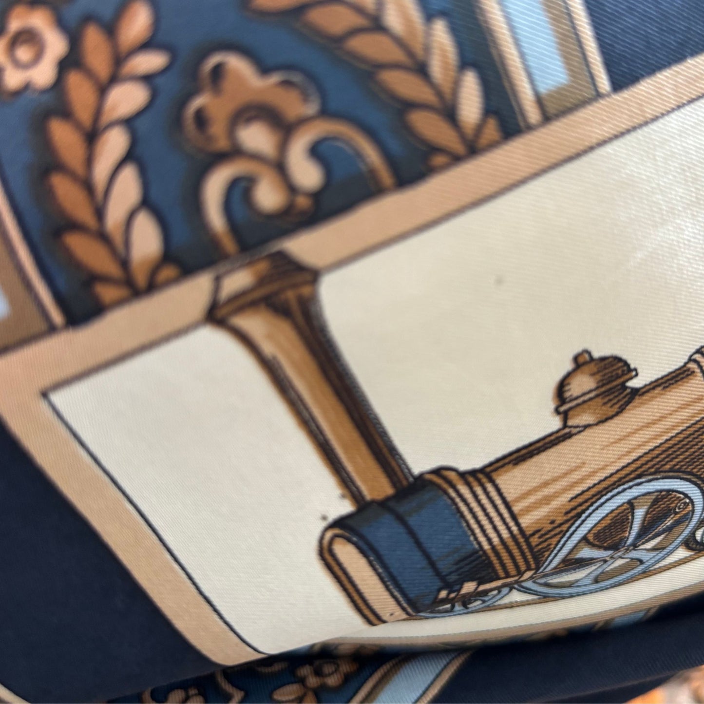 Unique Silk Vintage Scarf with a Steam Train design in Blue, Cream and Brown. Great Gift idea