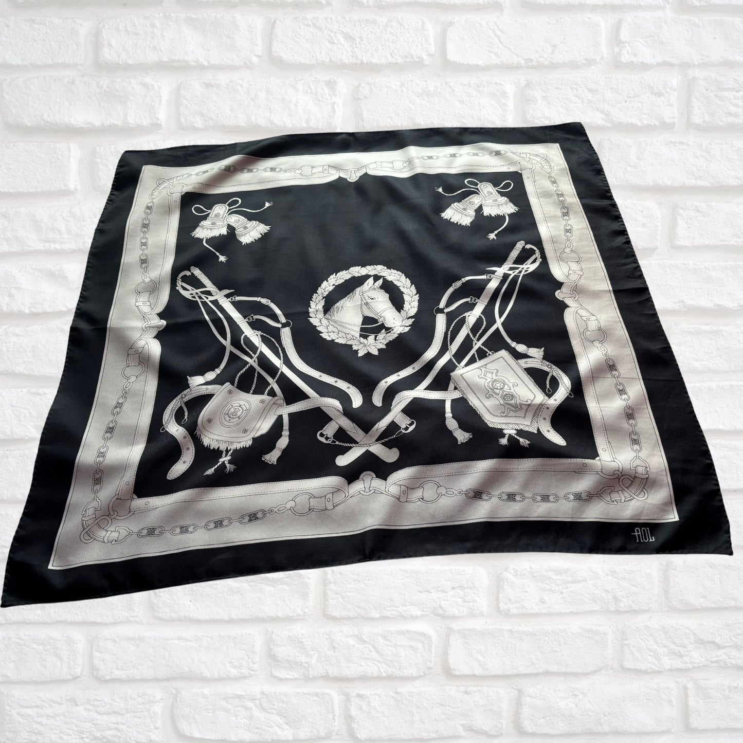 Stylish Black, Grey and White Equestrian Style Square Vintage Scarf. Great Gift idea