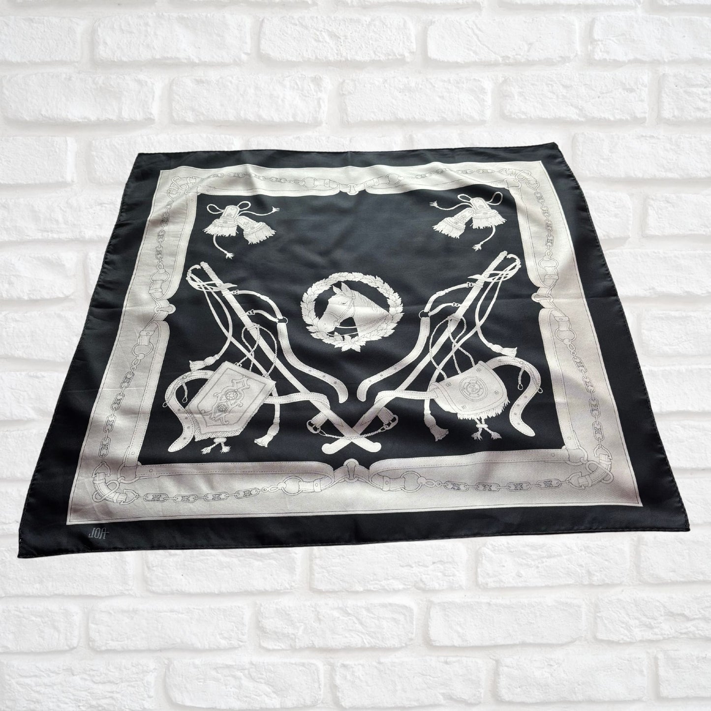 Stylish Black, Grey and White Equestrian Style Square Vintage Scarf. Great Gift idea