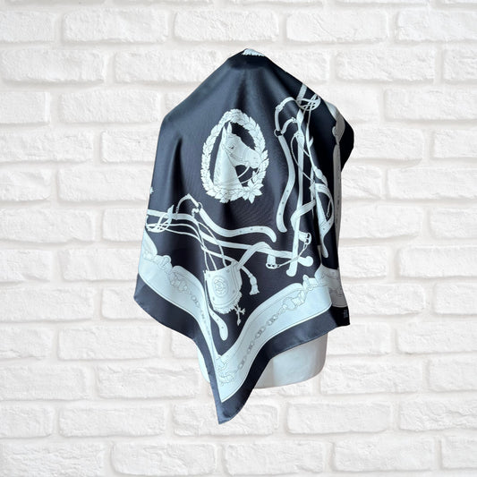 Stylish Black, Grey and White Equestrian Style Square Vintage Scarf. Great Gift idea