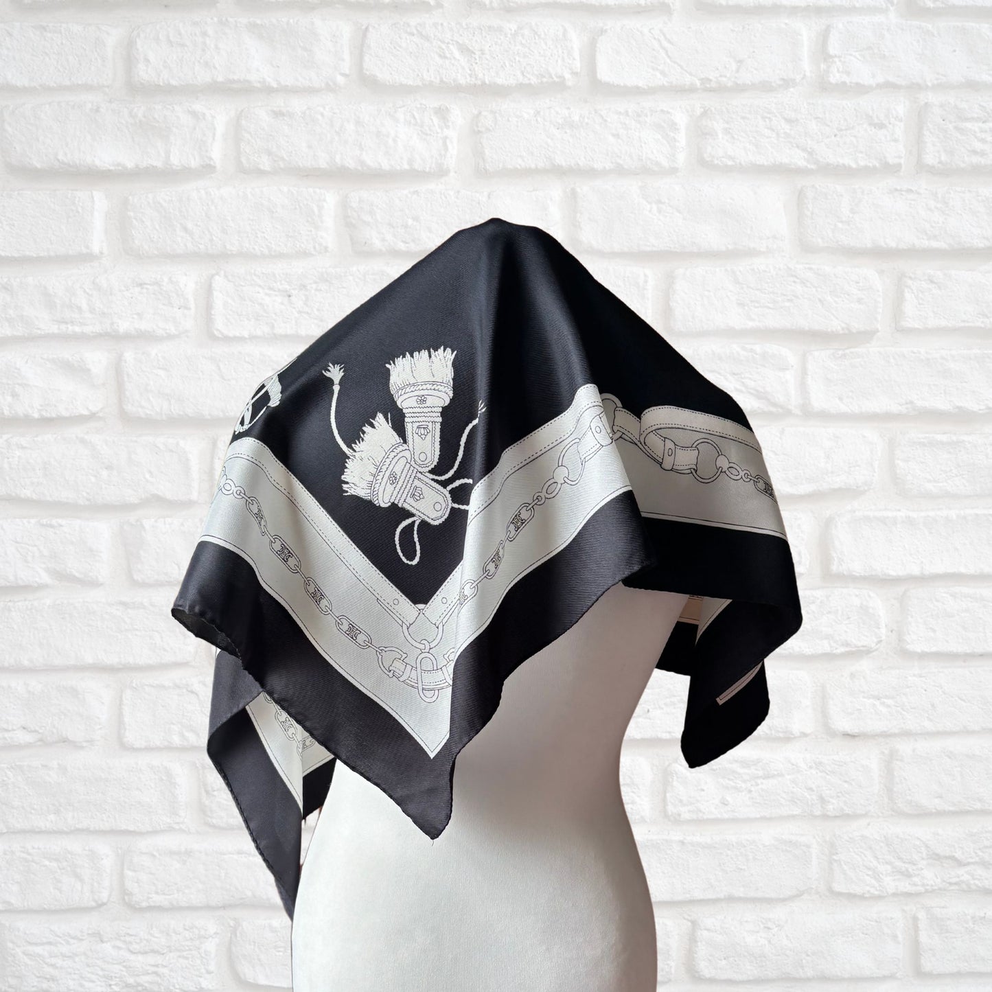 Stylish Black, Grey and White Equestrian Style Square Vintage Scarf. Great Gift idea