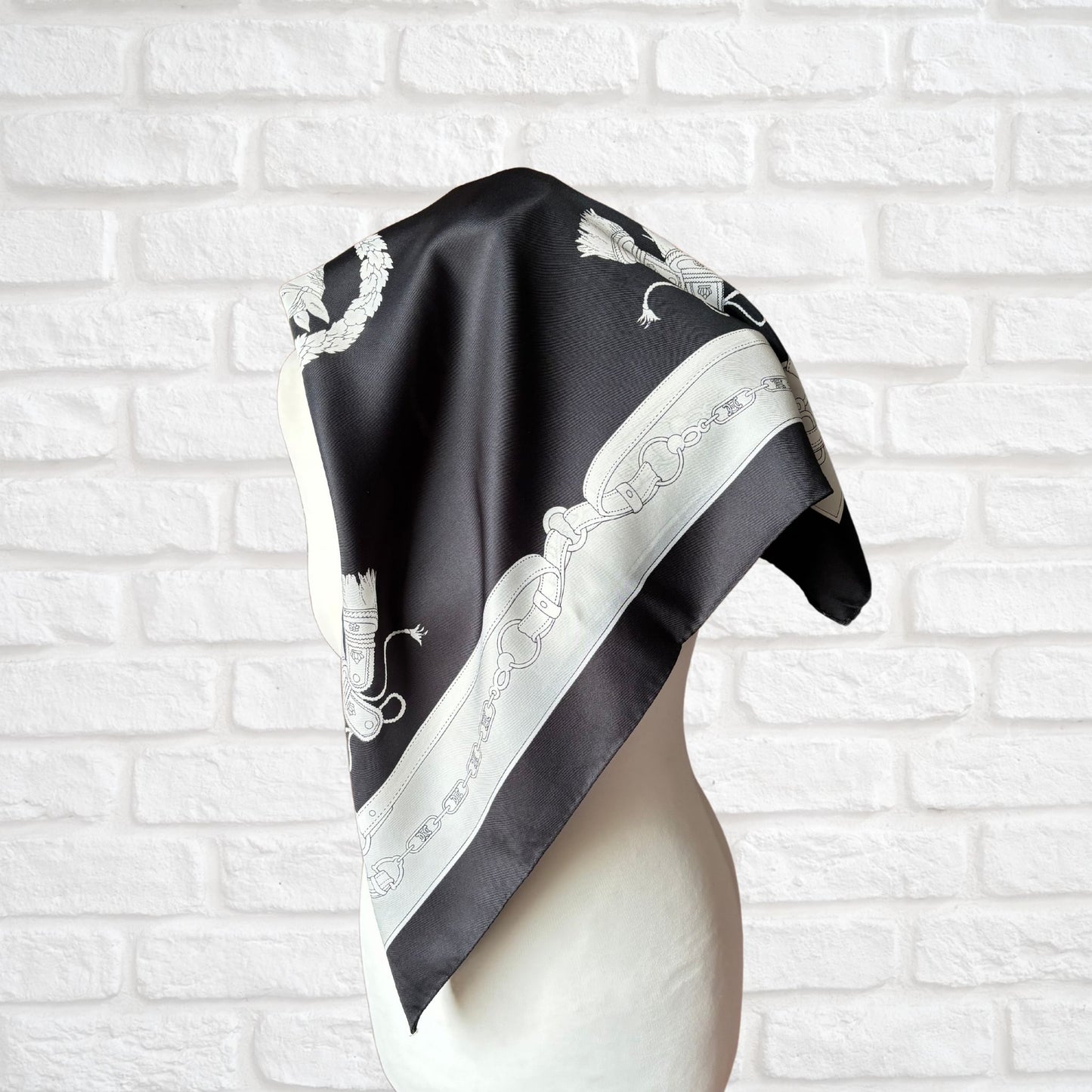 Stylish Black, Grey and White Equestrian Style Square Vintage Scarf. Great Gift idea