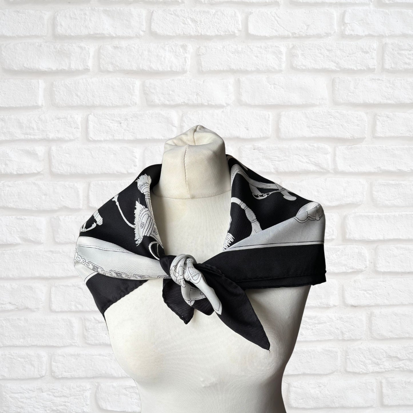 Stylish Black, Grey and White Equestrian Style Square Vintage Scarf. Great Gift idea