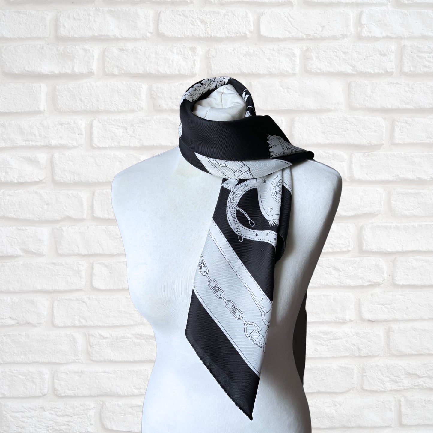 Stylish Black, Grey and White Equestrian Style Square Vintage Scarf. Great Gift idea