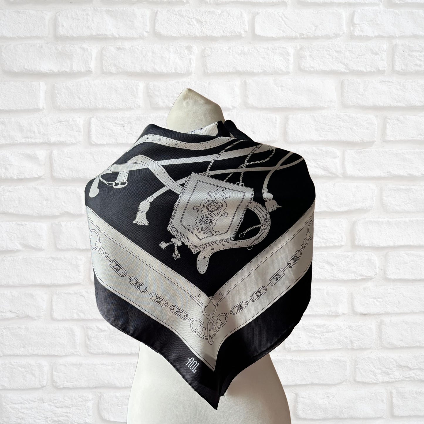 Stylish Black, Grey and White Equestrian Style Square Vintage Scarf. Great Gift idea