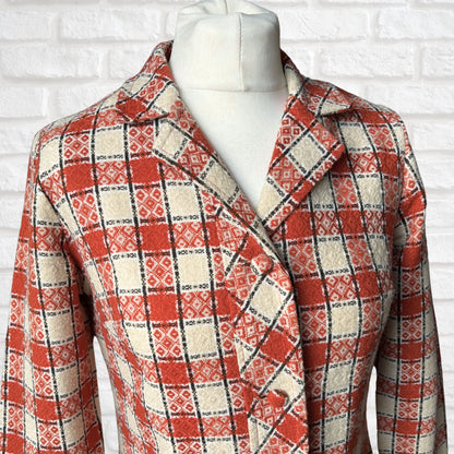 Mod style 60s cream, orange and black geometric print coat dress. Approx UK size 8-10