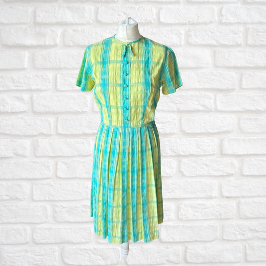 50s cotton blue and green checked summer dress . Approx  UK  8-10