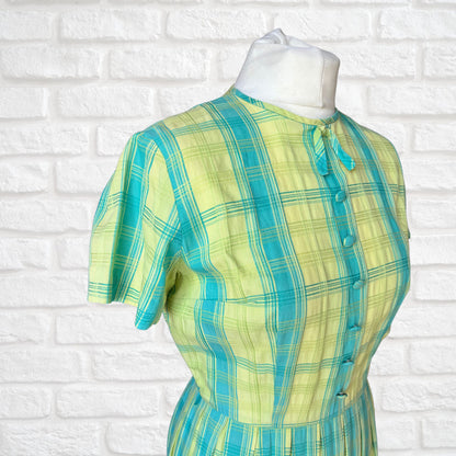 50s cotton blue and green checked summer dress . Approx  UK  8-10